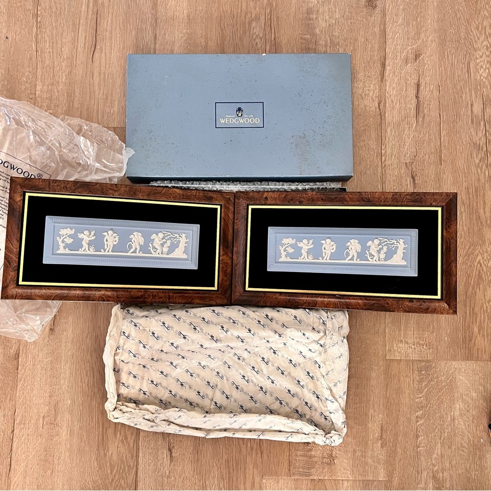 2 PCs‎ Wedgwood Blue Jasperware “The Four Seasons” Cherubs Relief Plaque NIB Vtg